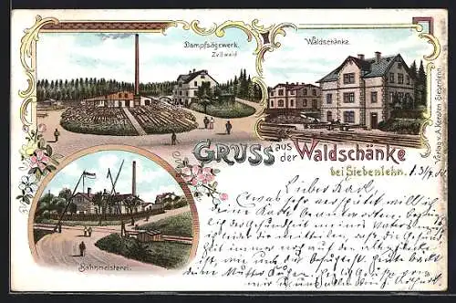 Lithographie Siebenlehn, Waldschänke, Dampfsägewerk Zellwald, Bahnmeisterei