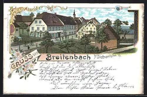 Lithographie Breitenbach b. Siebenlehn i. S., Gasthof, Radfahrer