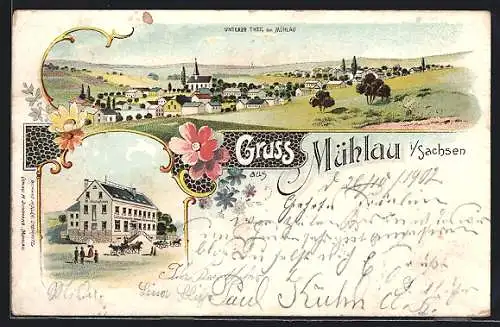 Lithographie Mühlau i. Sachsen, Colonialwaren H. Junghans, Ortsansicht