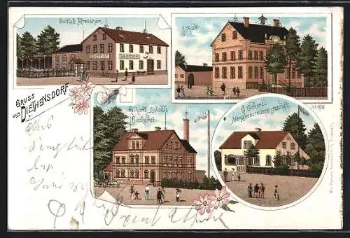 Lithographie Diethensdorf, Gasthof Gottlob Kressner, R. Liebolds Bäckerei, Geschäft von E. Eckert