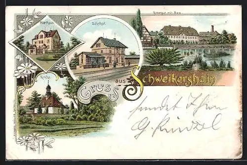 Lithographie Schweikershain, Rittergut mit See, Bahnhof, Pfarrhaus, Kirche