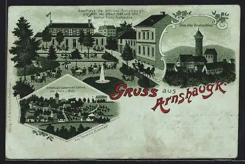 Lithographie Arnshaugk, Gasthaus zu Schloss Arnshaugk, Bes. Franz Fratzscher, Grafenschloss