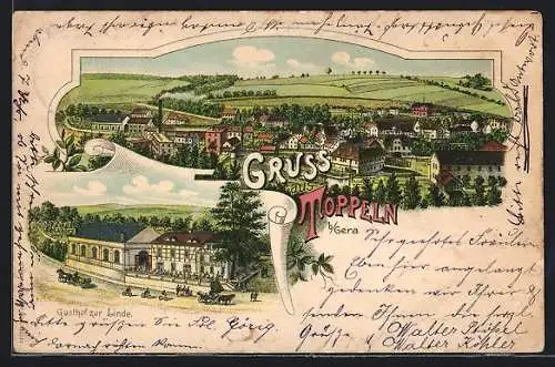 Lithographie Töppeln, Gesamtansicht, Gasthaus zur Linde