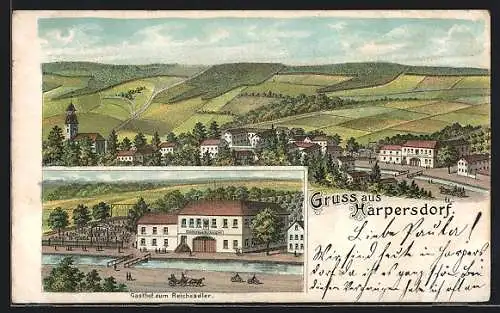 Lithographie Harpersdorf, Gasthof zum Reichsadler, Ortsansicht aus der Vogelschau