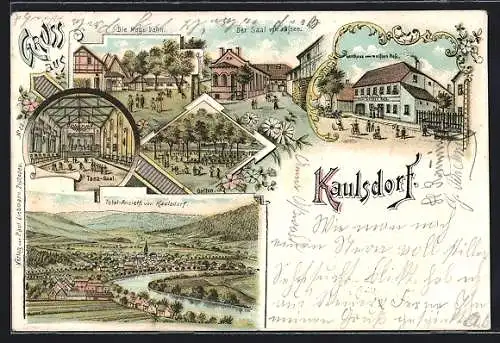 Lithographie Kaulsdorf / Eichicht, Gasthaus zum weissen Ross, Kegelbahn, Tanzsaal, Garten