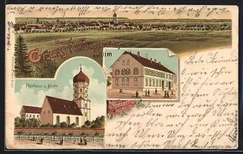 Lithographie Weidenstetten, Schulhaus, Pfarrhaus & Kirche, Ortsansicht