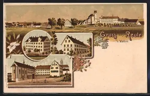 Lithographie Reute o. a. Waldsee, St. Joseph, St. Elisabethen, Ortsansicht