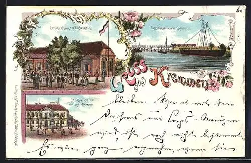 Lithographie Kremmen, Schützenhaus am Eichenhain, Amtsgericht mit Krieger-Denkmal