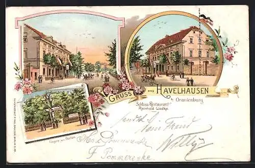 Lithographie Havelhausen, Strassenansicht, Parkpartie, Rathaus