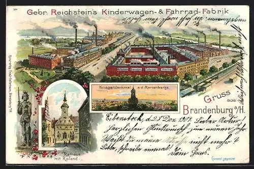 Lithographie Brandenburg a. H., Gebr. Reichstein`s Kinderwagen & Fahrradfabrik, Rathaus mit Roland