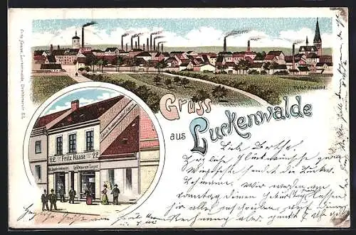 Lithographie Luckenwalde, Goldwaren-Lager Fritz Haase, Totalansicht