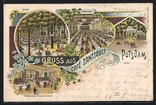 Lithographie Potsdam, Café Sanssouci, Garten, Grosser Saal
