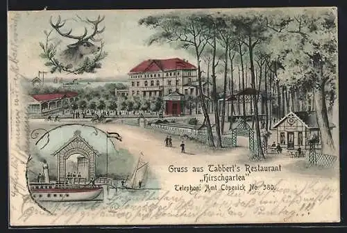 Lithographie Köpenick, Tabberts Restaurant Hirschgarten, Dampfer
