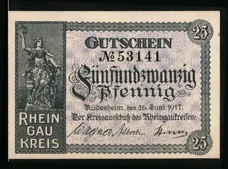 Notgeld Rüdesheim 1917, 25 Pfennig, Nationaldenkmal auf dem Niederwald, Gutschein