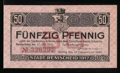 Notgeld Remscheid 1917, 50 Pfennig, Frau und Kind vor Werksanlagen, Wappen