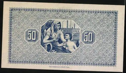 Notgeld Remscheid 1917, 50 Pfennig, Frau und Kind vor Werksanlagen, Wappen