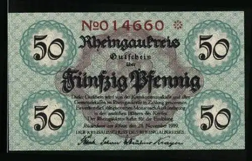 Notgeld Rüdesheim 1919, 50 Pfennig, Ortsansicht, Signatur, Gutschein