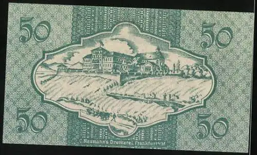 Notgeld Rüdesheim 1919, 50 Pfennig, Ortsansicht, Signatur, Gutschein