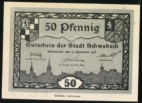 Notgeld Schwabach 1918, 50 Pfennig, Stadtpanorama und Kirche, Gutschein