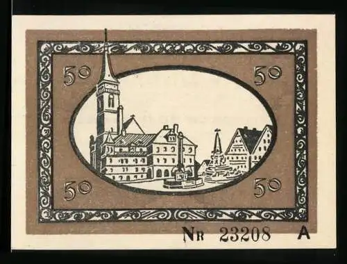 Notgeld Schwabach 1918, 50 Pfennig, Stadtpanorama und Kirche, Gutschein