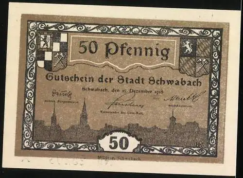 Notgeld Schwabach 1918, 50 Pfennig, Stadtpanorama und Kirche, Gutschein