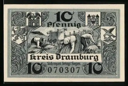 Notgeld Dramburg 1920, 10 Pfennig, Bauern bei der Feldarbeit, Wappen