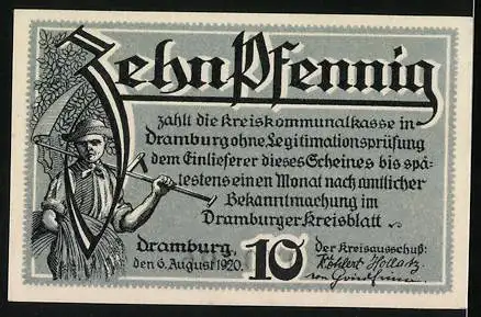 Notgeld Dramburg 1920, 10 Pfennig, Bauern bei der Feldarbeit, Wappen