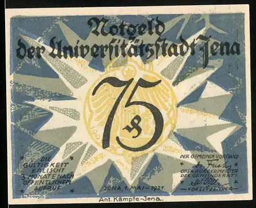 Notgeld Jena 1921, 75 Pfennig, Bildnis Ernst Haeckel, Reichsadler in der Sonne