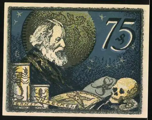 Notgeld Jena 1921, 75 Pfennig, Bildnis Ernst Haeckel, Reichsadler in der Sonne