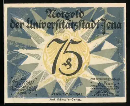 Notgeld Jena 1921, 75 Pfennig, Bildnis Ernst Abbe mit Mikroskop, Reichsadler in der Sonne