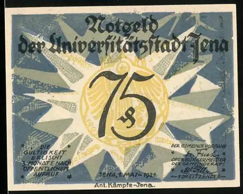 Notgeld Jena 1921, 75 Pfennig, Bildnis Schiller und Goethe, Reichsadler in der Sonne