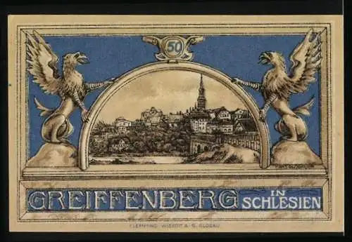Notgeld Greiffenberg i. Schl. 1920, 50 Pfennig, Ortsansicht mit Kirche