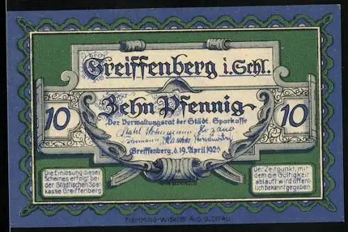 Notgeld Greiffenberg i. Schl. 1920, 10 Pfennig, Burg Greiffenstein i. Schlesien
