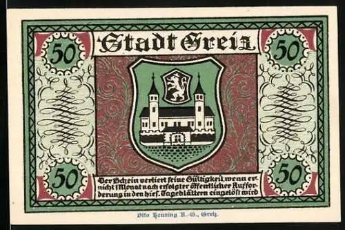 Notgeld Greiz 1921, 50 Pfennig, Höhere Webschule und Wappen