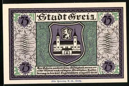 Notgeld Greiz 1921, 75 Pfennig, Sommer-Palais und Wappen