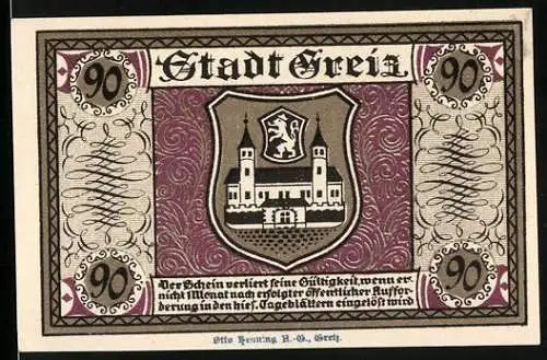Notgeld Greiz 1921, 90 Pfennig, Rathaus und Wappen