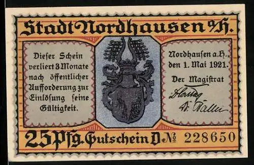 Notgeld Nordhausen a. H. 1921, 25 Pfennig, Männer beim festlichen Mahl, Wappen, Gutschein