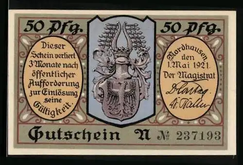 Notgeld Nordhausen a. H. 1921, 50 Pfennig, Wappen, Mann mit Messer, Gutschein