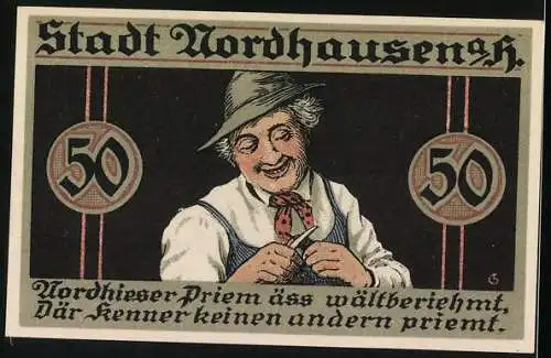 Notgeld Nordhausen a. H. 1921, 50 Pfennig, Wappen, Mann mit Messer, Gutschein