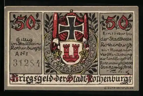Notgeld Rothenburg o. T. 1918, 50 Pfennig, Ortspartie mit Soldat, Wappen