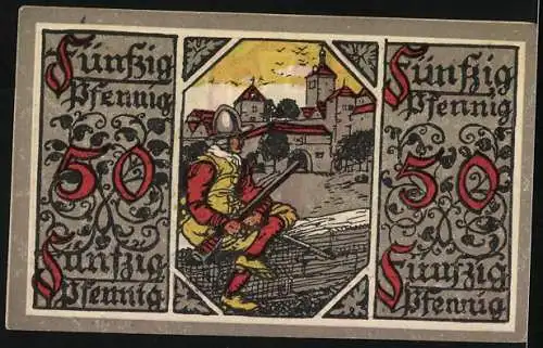 Notgeld Rothenburg o. T. 1918, 50 Pfennig, Ortspartie mit Soldat, Wappen