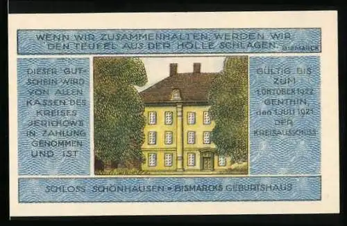 Notgeld Genthin 1921, 1 Mark, Bildnis Fürst Bismarck, Bismarcks Geburtshaus, Bauer bei der Feldarbeit, Gutschein