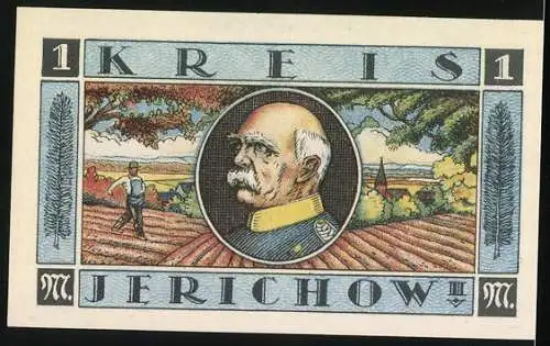 Notgeld Genthin 1921, 1 Mark, Bildnis Fürst Bismarck, Bismarcks Geburtshaus, Bauer bei der Feldarbeit, Gutschein