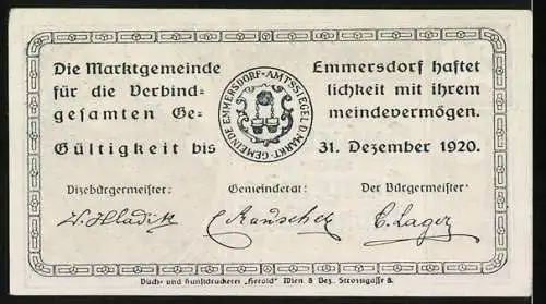 Notgeld Emmersdorf 1920, 20 Heller, Ortspartie mit Kirche