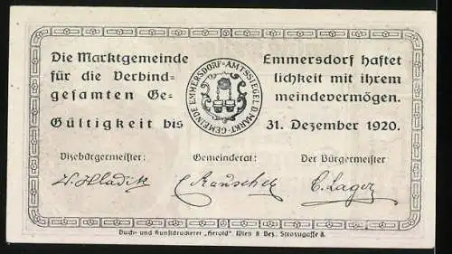 Notgeld Emmersdorf 1920, 50 Heller, Ortspartie mit Kirche