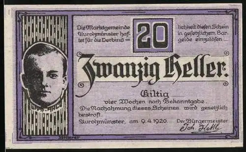 Notgeld Aurolzmünster 1920, 20 Heller, Bildnis Graf Arco, Marktplatz, Gutschein