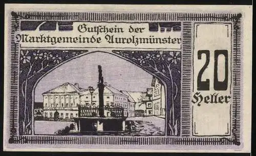 Notgeld Aurolzmünster 1920, 20 Heller, Bildnis Graf Arco, Marktplatz, Gutschein