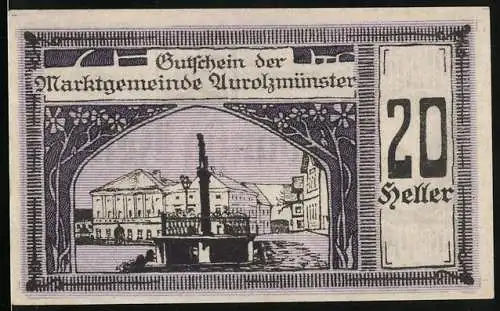 Notgeld Aurolzmünster 1920, 20 Heller, Bildnis Graf Arco, Marktplatz, Gutschein