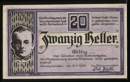 Notgeld Aurolzmünster 1920, 20 Heller, Bildnis Graf Arco, Marktplatz, Gutschein