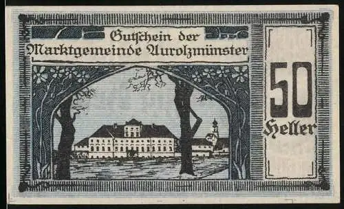 Notgeld Aurolzmünster 1920, 50 Heller, Bildnis Graf Arco, Schloss, Gutschein
